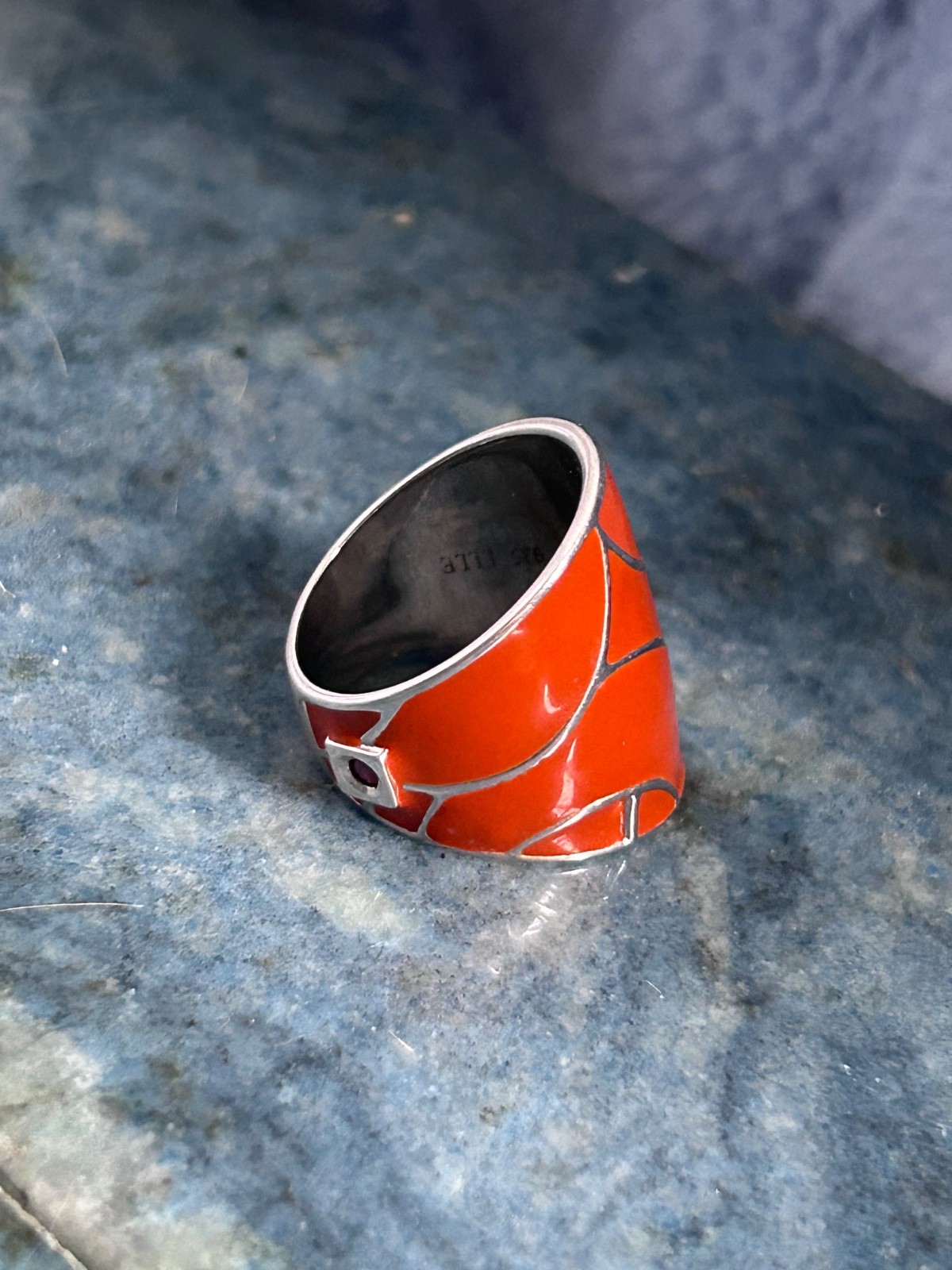 ELLE STERLING SILVER RUBY LARGE ORANGE ENAMEL GEO… - image 2