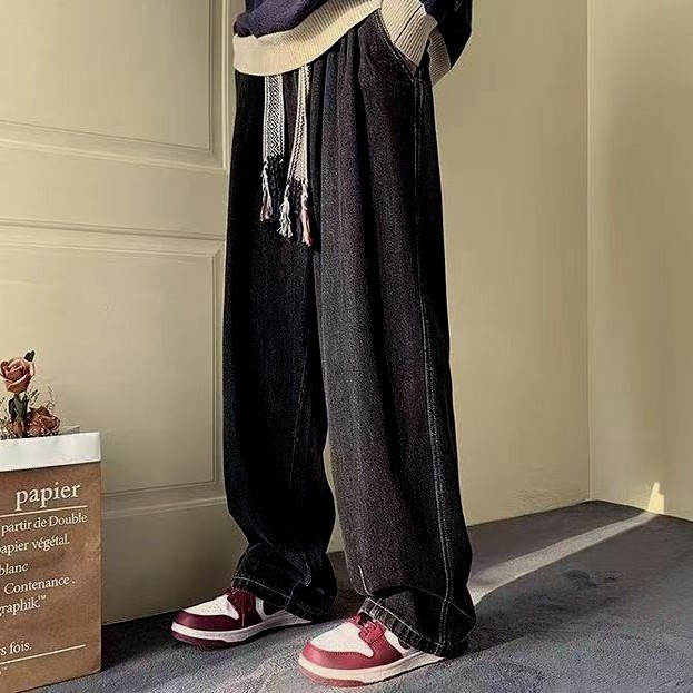 Japanese Stylish Tassel Knit Belt Straight-leg retro jeans elastic