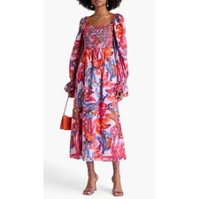 FARM Rio Banana Print Smocked Maxi Dress XS Pink/Multicolor Puff Sleeves