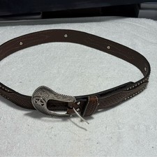 Brown Leather Nocona Silver Cow Hair/Silver Studs Sz 34 Belt N2506808 NWT