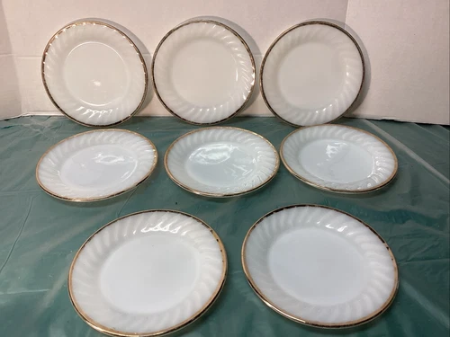 8 Vintage Hocking Fire King White Milk Glass Gold Trim 7.75” Luncheon Plates
