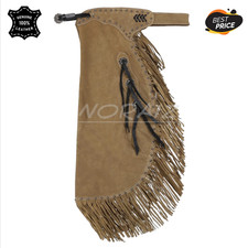 Men  s Brown Suede Leather Chaps Fringe Studded Western Cowboy Biker Pants