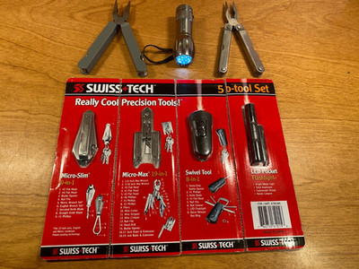 Vintage 7-pc Multi-Tool & LED Flashlight Set, Bell, Grip, Swiss Tech-Precision
