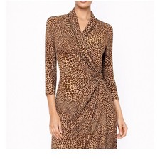 Norma Kamali Leopard Print Midi Dress Cocoa Animal Ruched Wrap V-Neck XL tt