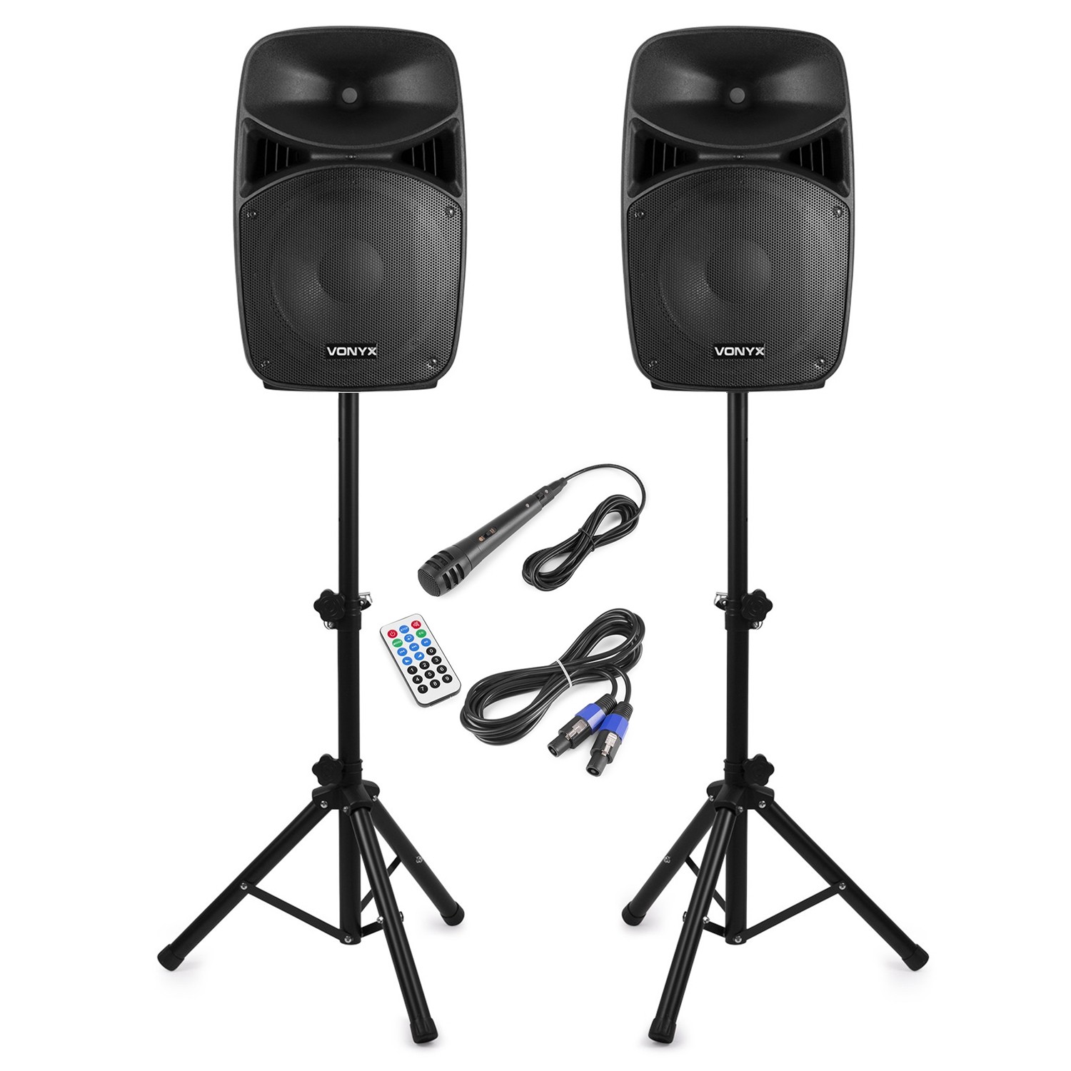 Vonyx VPS122A 12"" Active PA Speakers with Bluetooth & Stands - 800W Power
