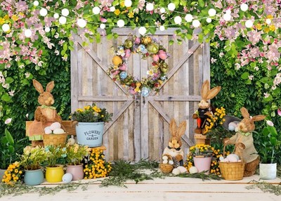 7x5ft Spring Easter Backdrop, Eggs Rabbit Flowers Green Grass Barn Door Decor