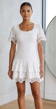 OPT Brisa Mini Dress Women's S/M White Short Sleeve Tiered Eyelet Lace Fairycore