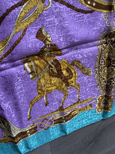 Vintage Greek Silk Scarf Purple Turquoise Gold Equestrian Military Print - Picture 8 of 12
