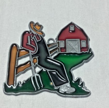 Vintage Stained Glass Sun Catcher Farm Farmer Taking a nap Barn