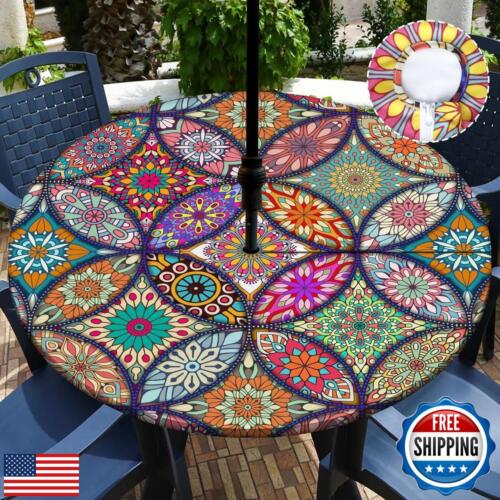 Buwuta Outdoor Tablecloth with Umbrella Hole and Zipper Waterproof Round Pati