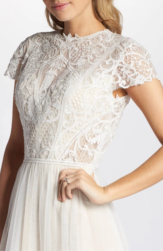 TI ADORA ALLISON WEBB 象牙色 蕾丝薄纱 露背 新娘 婚礼礼服 连衣裙 14 美国 — 第 3/4 张图片