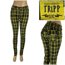 Tripp NYC Womens 9 Rocker Pants Yellow Plaid 31 X 32 Yellow Black Cotton Stretch