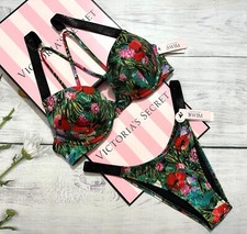 Victoria's Secret Swim Black Shine Strap Bombshell Top Brazilian Set Tropical