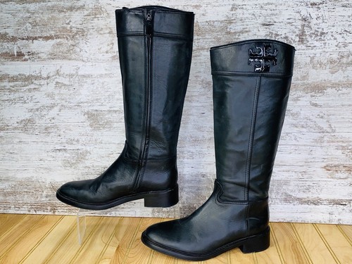 Tory Burch Lowell 2 Logo Tall Riding Boots Black Leather 50869 Womens Size  7 | eBay