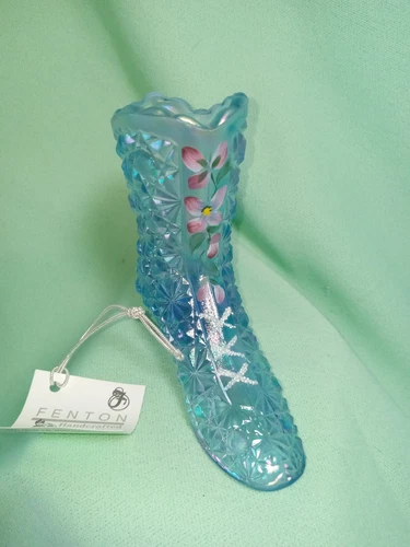 FENTON Daisy & Button Ice Blue Opalescent HAND PAINTED Shoe BOOT signed ESTATE