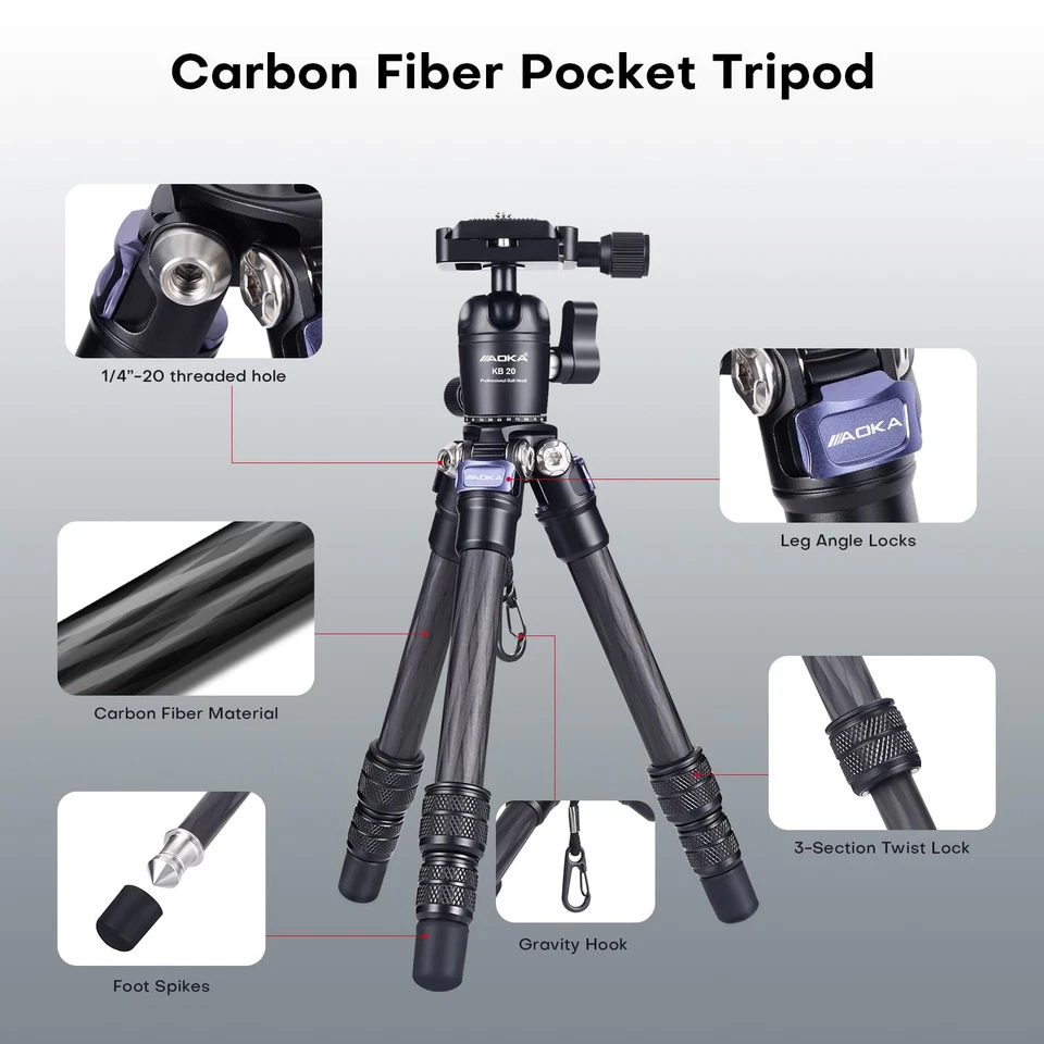 15.75"/0.99 lbs Mini Carbon Fiber Tripod, Compact Pocket Travel Tabletop Trip... - Image 3 of 4