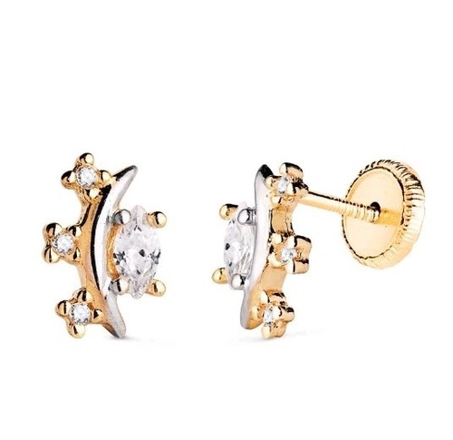 Boucles D'oreilles Or 18K 750 - Fleur Avec Zirconias 4mm - Fermoir Papillon - Neuf Avec étiquettes