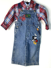 Vtg Disney Baby Mickey Mouse Blue Jeans Overalls Plaid Shirt Basketball Sz 12 Mo