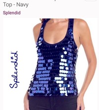 Party Cami Splendid Esme Paillette Tank Top Crochet Sheer XS Navy Retail $198