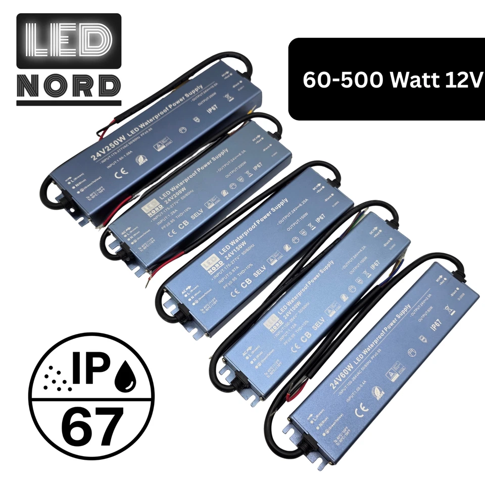 Netzteil Trafo KonstantSpannung DC LED Nord 60W-500Watt 12V IP67extrem flach - Bild 1 von 2