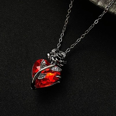 Gothic Rose Red Heart Pendant Necklace Y2K Silver Tone Valentine Gift For Her