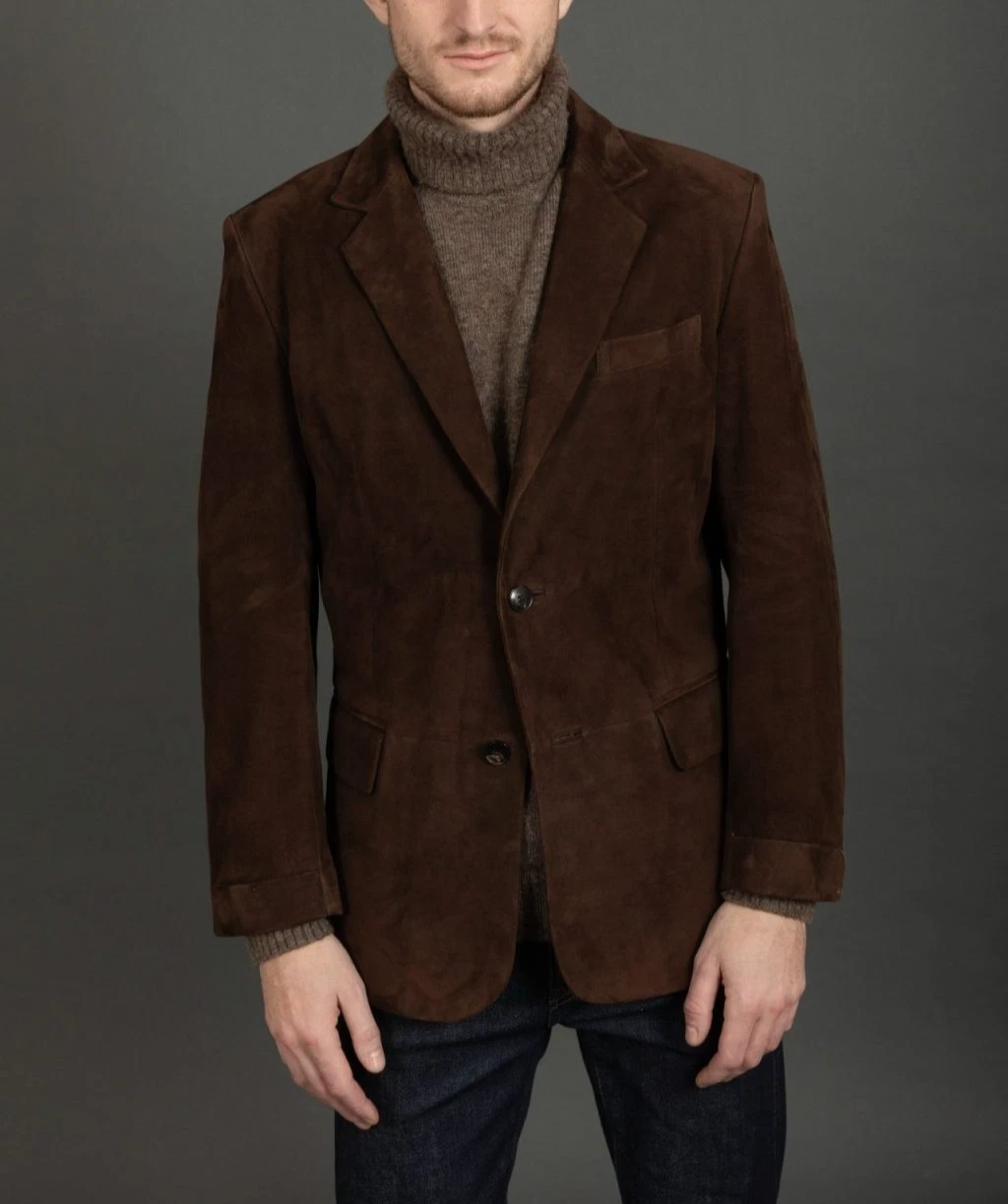 Brown Leather Blazer Men Pure Suede Coat Jacket 2 Button Size S M L XL XXL