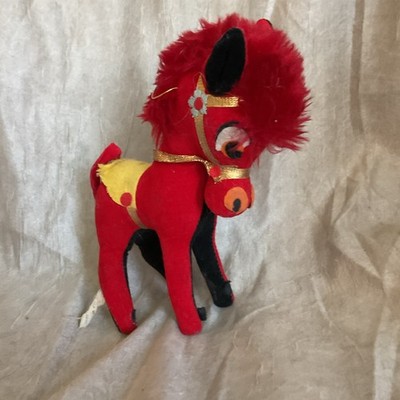 Vintage JAPAN Red Horse Plush Toy Small with Yellow Saddle and Gold Trim