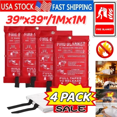4 PACK FIRE BLANKET Fiberglass Hero Emergency Home Retardant Prepared 39''x39''~