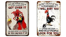 Rustic Funny Chicken Signs “Get Over It” + “Don’t Ruffle My Feathers” Farmhouse