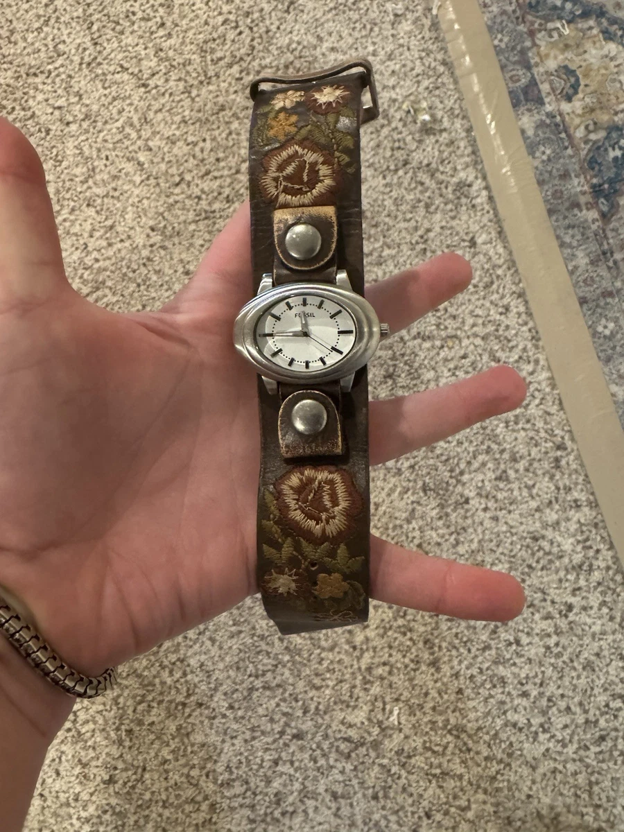 Vintage Fossil Ladies JR9017 Square Watch Date Window Woven Leather Band  8\