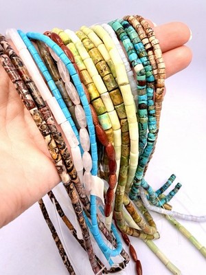 19 Strands Mixed Gemstone Cylinder Heishi Beads Artisan Estate Jewelry Making