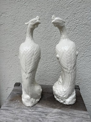 Vintage Porcelain Peacocks Set Of 2 White 12.5  Figurine Mantle Piece
