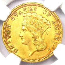 1854 Three Dollar Indian Gold Coin $3 - Certified NGC AU Details - Rare Coin!