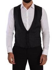 Dolce & Gabbana Dark Gray Striped Wool Silk Waistcoat Men's Vest