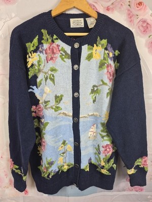 Vintage Northern Reflections Maritim Floral Knit Cardigan L Blau Cottagecore