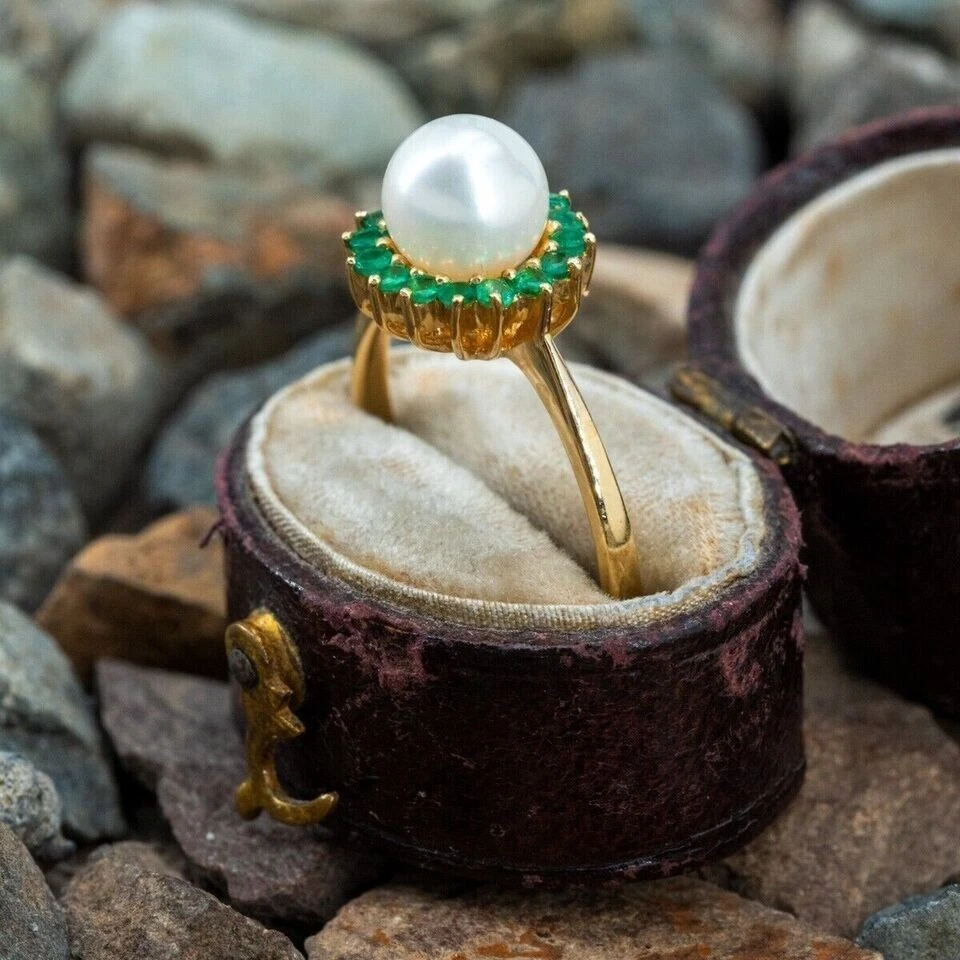 Round Cut Lab Created Emerald Pearl Ring for Mother's Day 14k Yellow Gold Plated - Image 2 of 4
