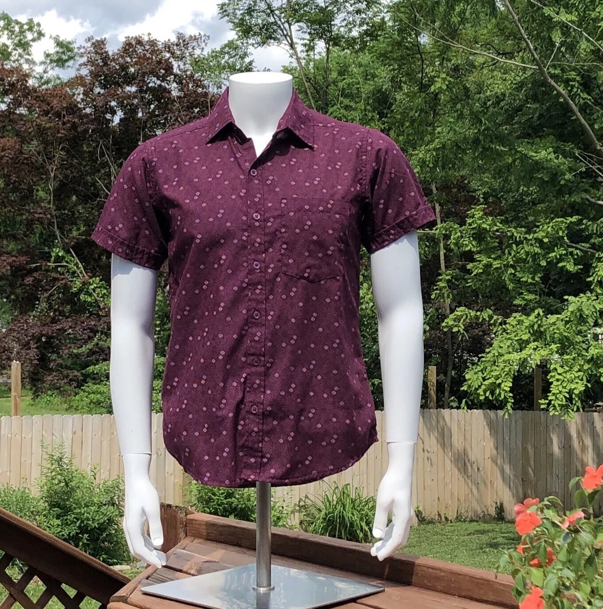 burgundy short sleeve dress shirt True Rock Mens S Spring Button Down Small Dot Shirt Size:12/44 down collar feature: lenox-stretch Romantic Strap Lace Tulle