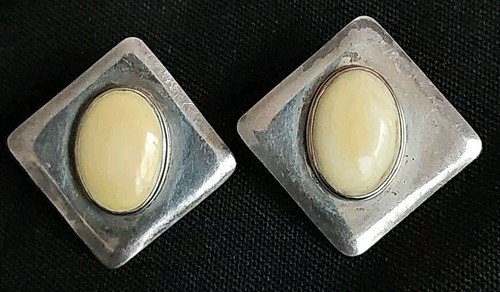 LOUIS BOOTH 925 Sterling Silver Vintage Cabochon Bone Ivory Color Earrings - 第 1/12 張圖片