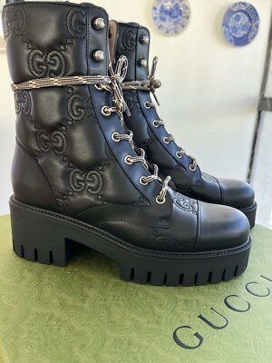 ブーツその他 GUCCI SIGNORINA BLACK LEATHER BOOT GUCCI BLACK QUILTED LACE UP LEATHER GG LOGO COMBAT BOOTS SZ