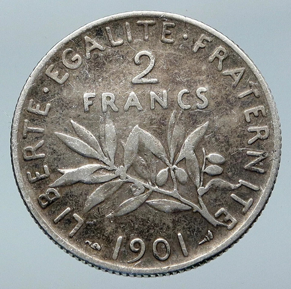 Moneda francesa de 2 francos de plata antigua de Francia de 1901 con mujer sembradora La Semeuse i85573 Foto 2 de 3