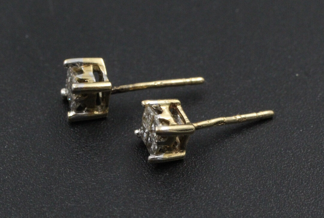 .416 10CT YELLOW GOLD 0.12ct DIAMOND Princess Square Stud Earrings, 0