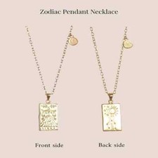 18K Gold Plated Zodiac Necklace Stainless Steel Square Rectangle Horoscope Gift