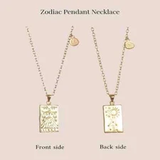 18K Gold Plated Zodiac Necklace Stainless Steel Square Rectangle Horoscope Gift