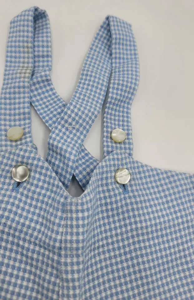 Vintage Baby Boy Blue White Plaid Suspender Shorts Looks as is for 6-12 Months - Image 3 of 4