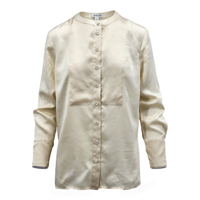 M&S Jaeger Hemd reine Seide Rundhals Latzdetail
