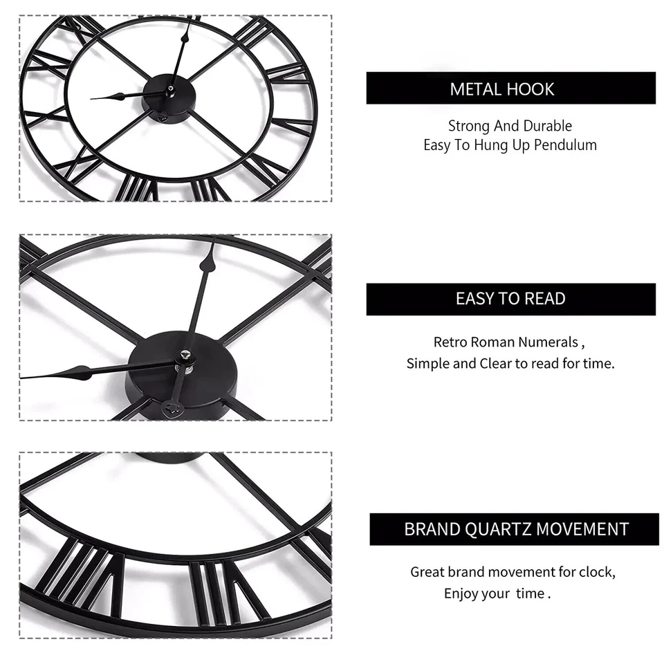 Extra Large Roman Numerals Skeleton Wall Clock Big Giant Open Face Round Clocks - Image 4 of 4