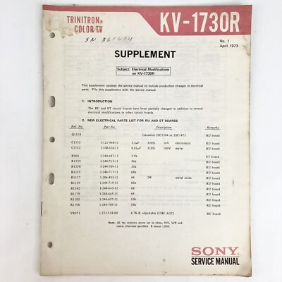 OEM 1973 Sony Trinitron Color TV KV-1730R Wire Schematic Modifications Vintage