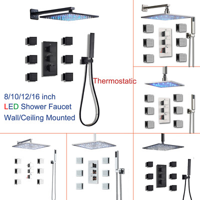 LED Thermostatic Shower Faucet Rainfall Body Massage Jets System W/Hand Spray