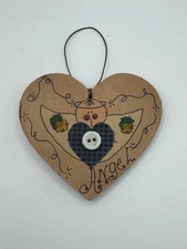 WOODEN FOLK ART AMERICANA HEART ANGEL CHRISTMAS ORNAMENT COUNTRY VINTAGE