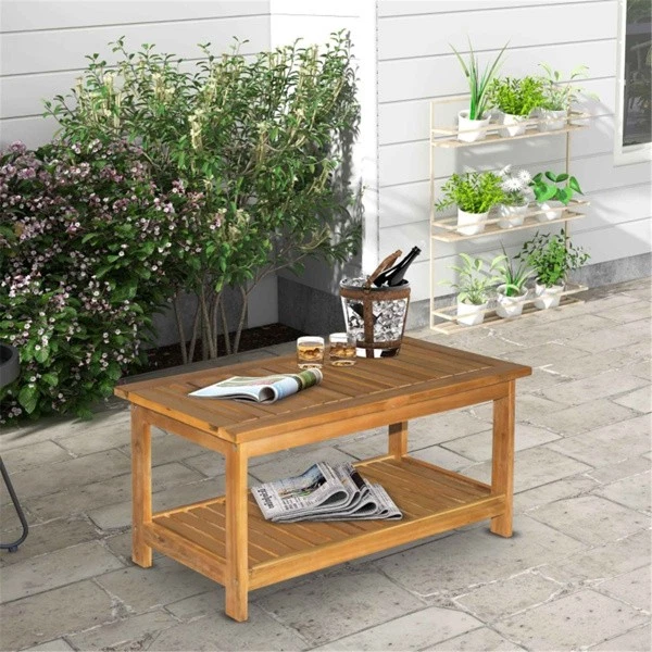 Solid Acacia Wood Coffee Table | 35.5" 2-Tier End Table with Storage Shelf - Image 2 of 4